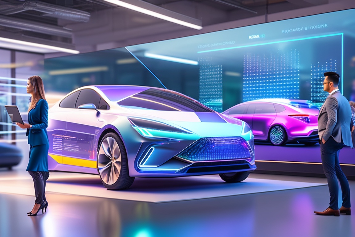 Imagine a visually striking, high-definition image of a sleek, modern car dealership showroom. The floor is gleaming under the showroom lights, reflecting the line of shiny new cars ready for potential buyers. In the forefront, a digital hologram is projected from a tablet held by a dealership employee. The hologram shows a 3D car model surrounded by complex data points, lines of code, and colorful, dynamic graphs representing real-time market analysis and predictive AI algorithms.

On the showroom floor, customers are interacting with digital touchscreens that guide them through the car selection process with personalized recommendations. In the background, a team of employees is engaged in discussion, one of them gesturing towards a large screen displaying a dashboard of analytics.