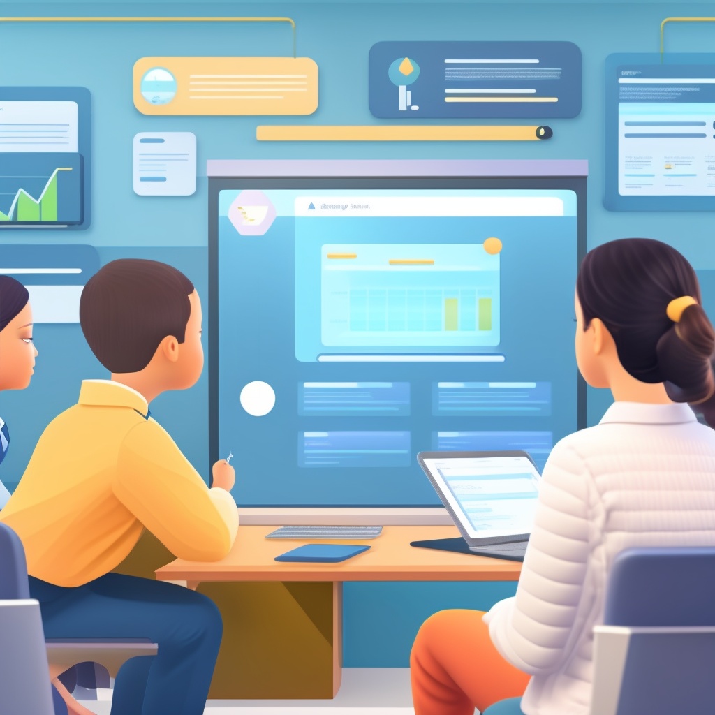 The main image portrays a modern classroom scene. The focus is on a teacher interacting with a large interactive screen that displays an AI-powered educational software. This represents the use of AI in creating personalized learning plans and automating grading.