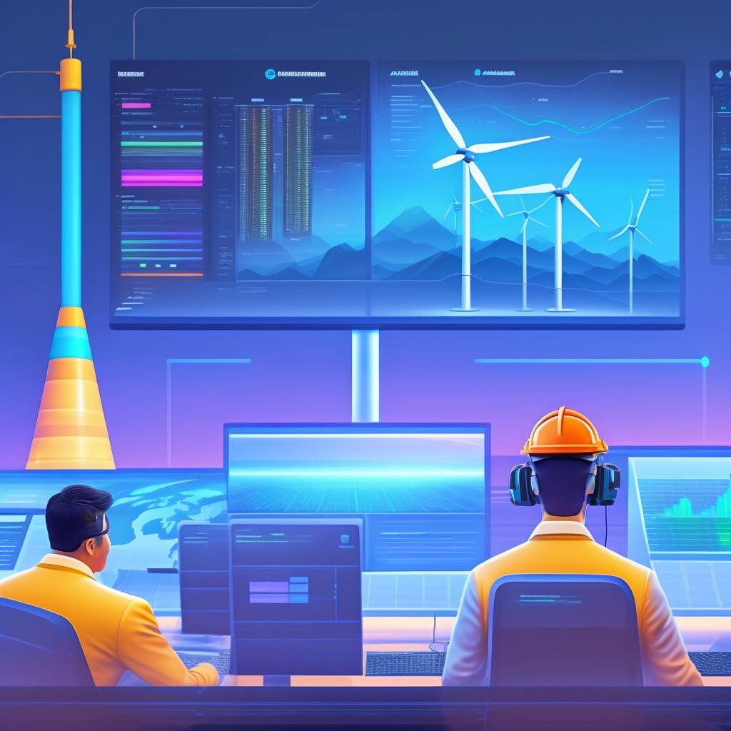 The central image portrays an energy engineer in a control room, interacting with a modern, high-tech screen that displays an AI-powered energy management system. This system could show real-time energy consumption, predictive maintenance alerts, or grid optimization data, symbolizing the use of AI in enhancing energy operations.

In the background, we can see a panoramic view of different energy sources: wind turbines, solar panels, and traditional power plants, symbolizing the diverse application of AI in the energy sector.