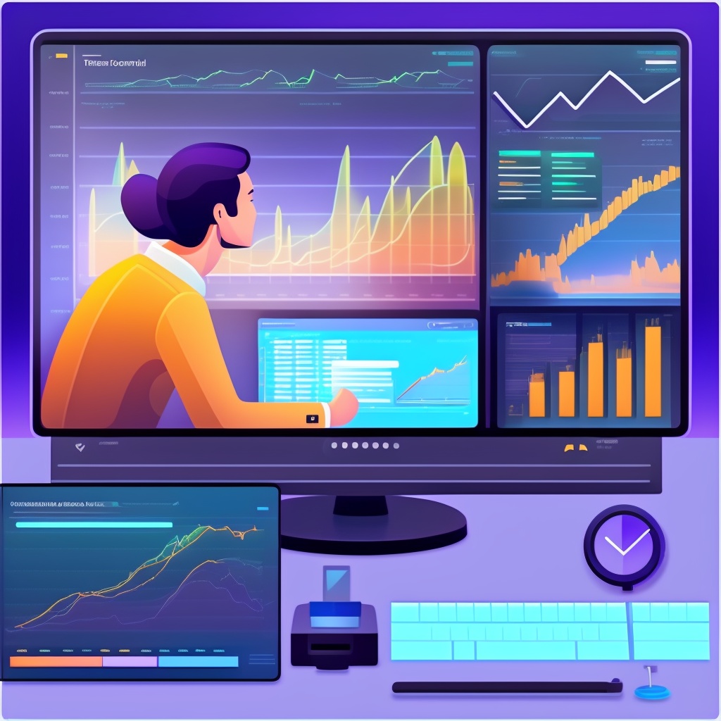The central image features a finance professional in a modern office, working on a desktop computer with two screens. On one screen, we see graphs and charts, symbolizing financial analysis and decision making. On the other screen, there's a display of a conversational AI interface or some form of AI algorithm, symbolizing the use of AI in financial tasks.