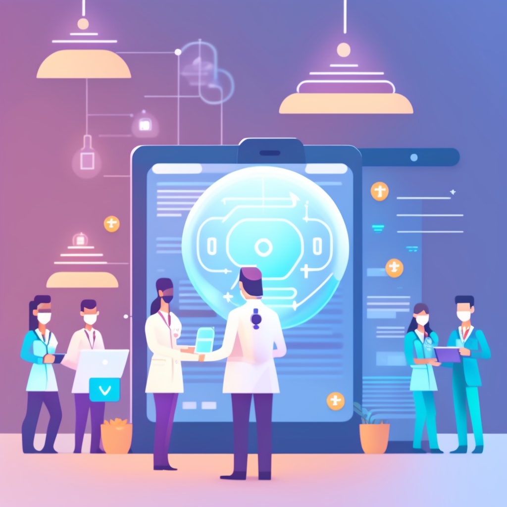 The central image features a confident healthcare professional (doctor or nurse) in the foreground. In their hand, they're holding a tablet showing a conversational AI chatbot screen. This signifies the use of AI in patient interaction and data management. In the background, softly faded, there are other healthcare staff interacting with each other and with patients, showcasing a busy and efficient healthcare environment.