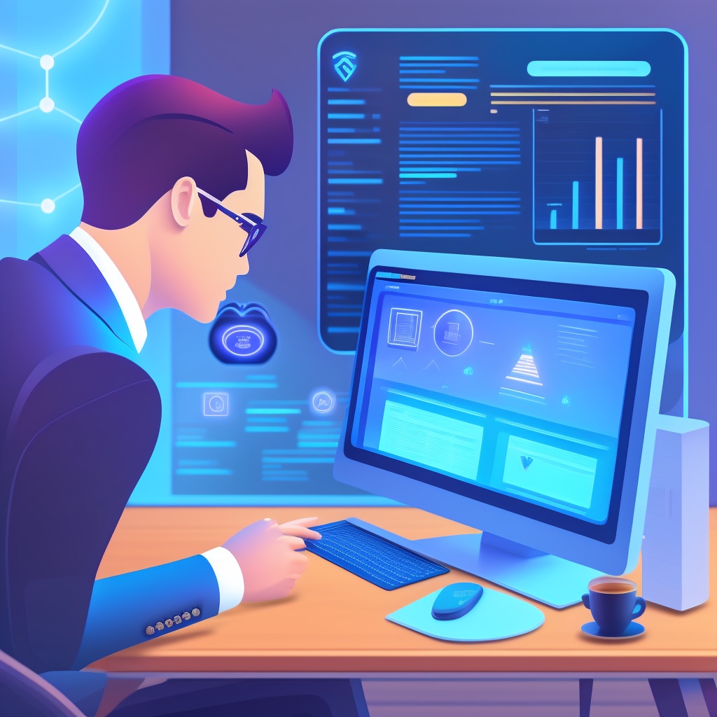 The central image shows an insurance agent at a desk, interacting with a cutting-edge computer screen that displays an AI-powered risk assessment tool or policy generation software. This symbolizes the use of AI in policy document generation and claim handling.

In the background, there are various symbols representing different types of insurance such as a house, car, or medical symbol, showcasing the broad application of AI in the insurance sector.