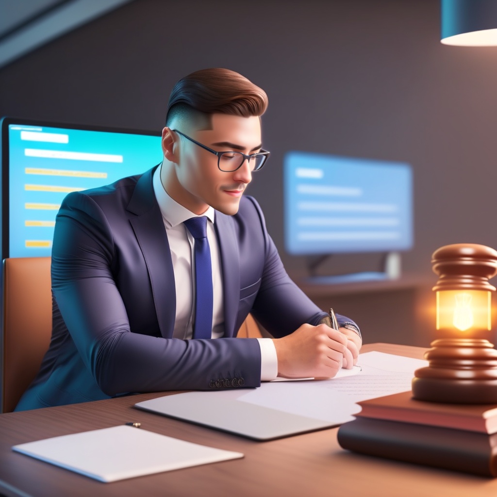 The main focus of the image is a well-dressed lawyer sitting at a desk, going through a pile of legal documents, but also interacting with an AI interface on a sleek, modern laptop. This interface could display a text-based AI assistant or document analysis software, representing the use of AI in legal research and contract reviews.