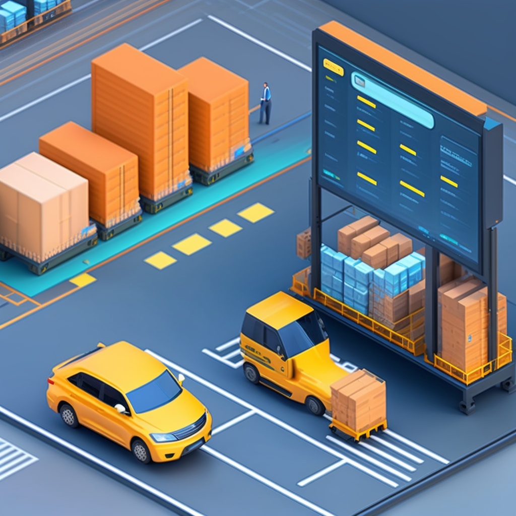 The central image shows a logistics manager in a warehouse or a control center, interacting with a high-tech screen displaying an AI-powered logistics software. This software could show real-time tracking of shipments, route optimization or supply chain management, symbolizing the use of AI in efficient planning and execution of logistics.

In the background, you can depict a busy warehouse or a fleet of delivery vehicles, showcasing the dynamic and fast-paced logistics environment.