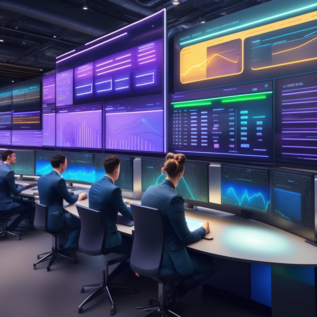 Picture a modern, high-tech command center. Multiple screens displaying data dashboards and network maps line the walls. In the foreground, a diverse team of IT professionals are working collaboratively. One person is wearing a VR headset and interacting with a holographic interface displaying network nodes. Another professional is consulting a tablet, where an AI-powered assistant (indicated by an abstract, luminescent logo) is generating a predictive maintenance alert.