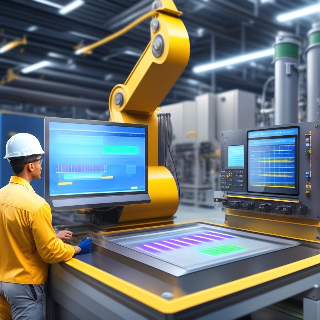 The central image showcases a manufacturing engineer monitoring a modern production line. The engineer is interacting with an AI-powered interface on a tablet or workstation, displaying real-time production metrics, predictive maintenance alerts, or quality control data, symbolizing the use of AI in streamlining manufacturing operations.

In the background, the machinery, robotic arms, and busy workers highlight the active, high-tech manufacturing environment.