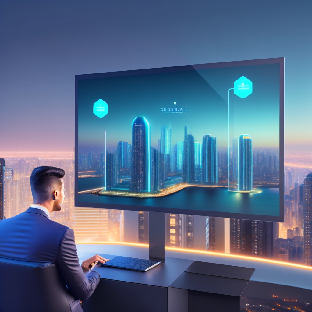 The central image portrays a modern real estate agent presenting property options on a futuristic, interactive screen. The screen shows AI-generated property descriptions and images, symbolizing the use of AI in enhancing property listings.

In the background, we see a cityscape or a panoramic view of various types of properties (residential, commercial, etc.), highlighting the diverse application of AI in the real estate sector.