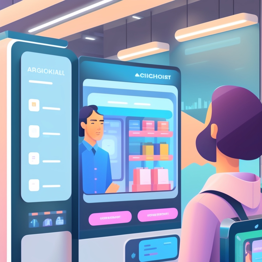 The central image showcases a contemporary retail environment. There's a customer interacting with a large digital screen or kiosk that displays AI-powered recommendations, symbolizing the use of AI in creating personalized shopping experiences.