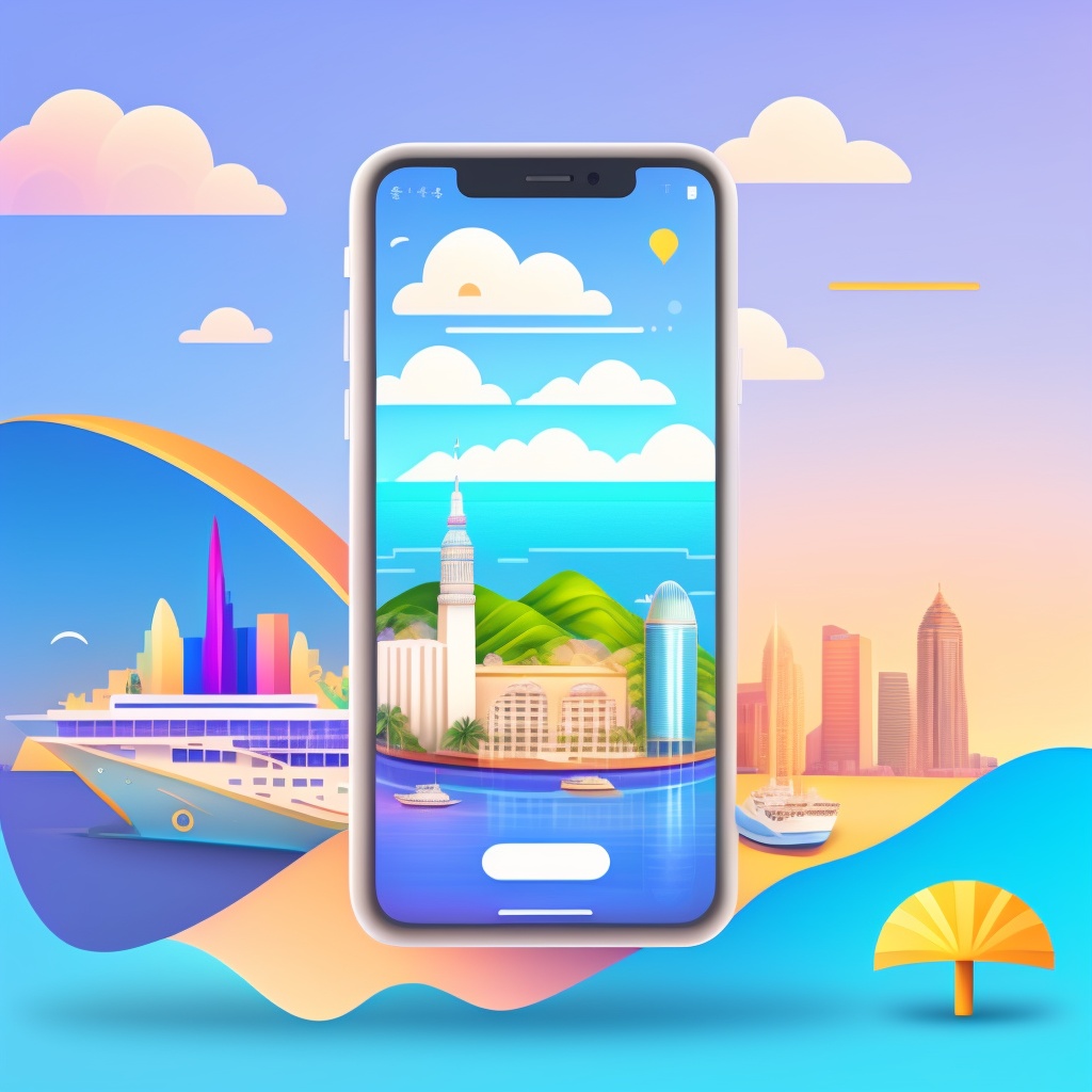 The main focus of the image is a happy traveler exploring a scenic location, while interacting with a mobile device that displays an AI-powered travel app. The app could show personalized itineraries, booking options, or AI-generated travel suggestions.

In the background, we can see various symbolic elements of travel, such as famous landmarks, tropical beaches, and city skylines, showing the wide-ranging applications of AI in the tourism industry.