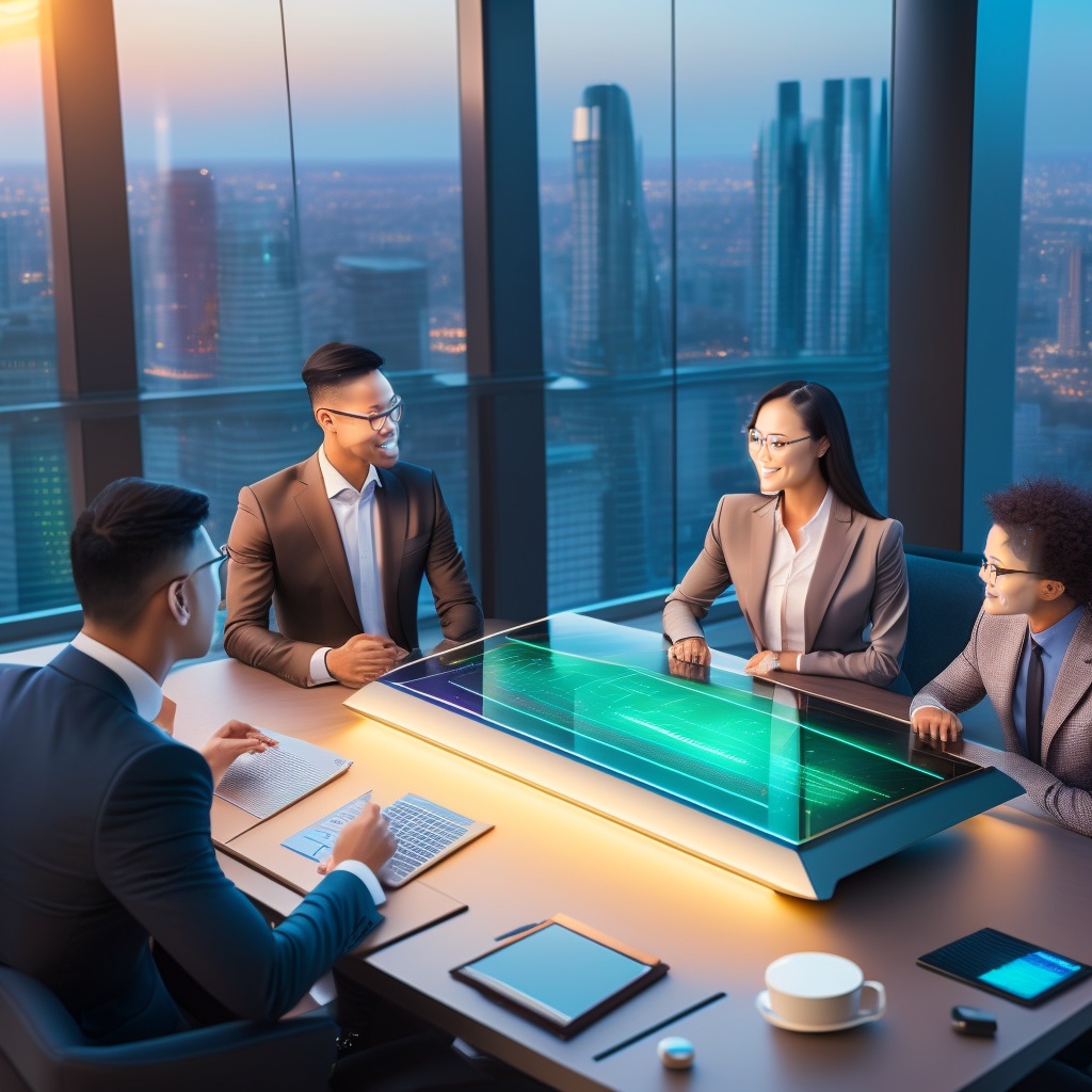 a futuristic, technology-driven wealth management environment. The backdrop showcases a sleek and modern office space with floor-to-ceiling glass windows offering panoramic views of a bustling cityscape. The image is bathed in a soft, warm glow, creating an atmosphere of sophistication and innovation.

In the foreground, a team of financial experts is engaged in deep discussion around a high-tech conference table, with interactive holographic displays projecting real-time financial data and investment trends. The team is surrounded by cutting-edge AI technologies, including large language models and machine learning algorithms, symbolizing the transformative power of AI in wealth management.